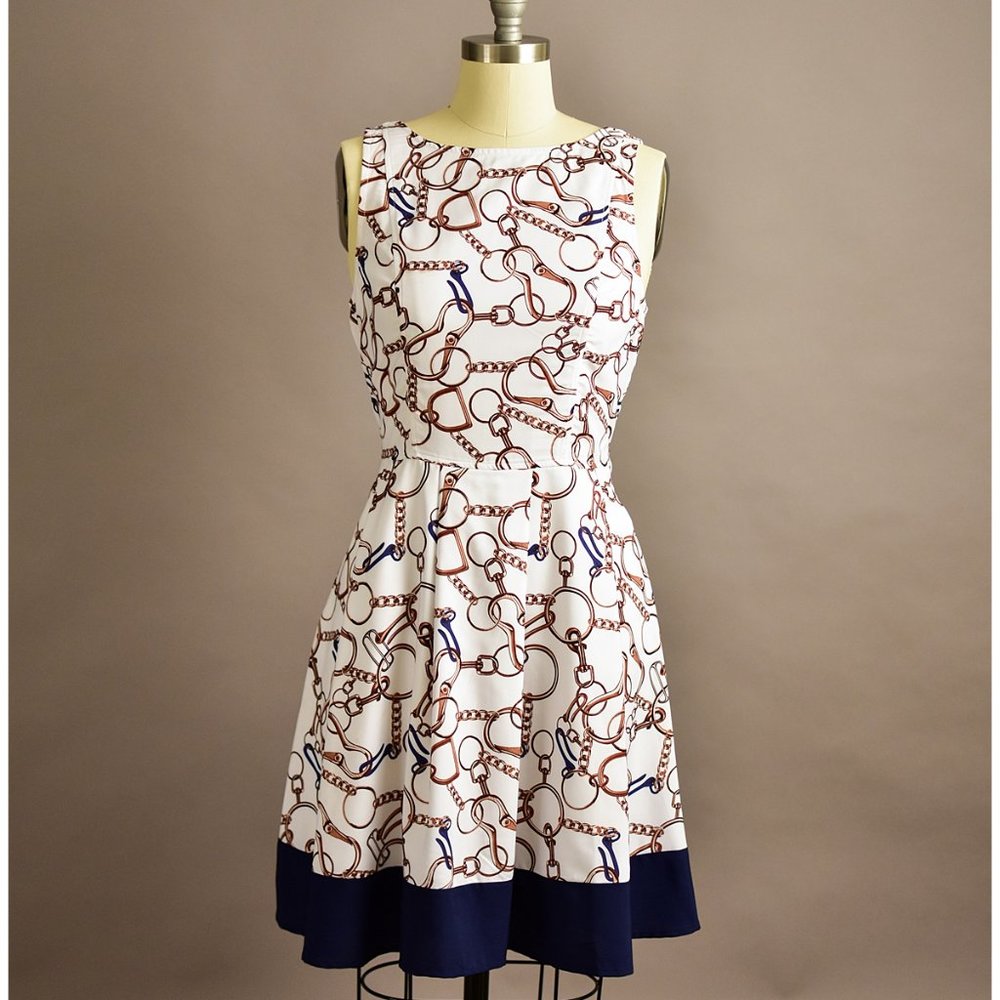 EUC Eshakti white & navy gold chain dress: M/8